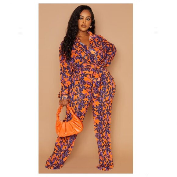 PrettyLittleThing Pants - PrettyLittleThing NWT Plus Orange Print Beach Flares Size 24 Semi Sheer